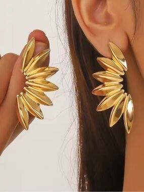 Gold Leaf Flower Dangle Earrings Bold Statement Jewelry